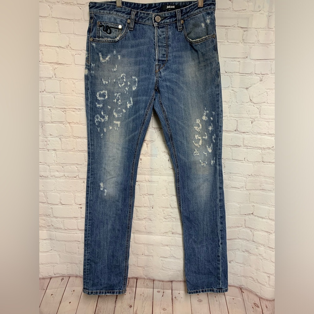 Just Cavalli x Roberto Cavalli Leopard Effect Distressed Slim Jeans Size 31 x 31